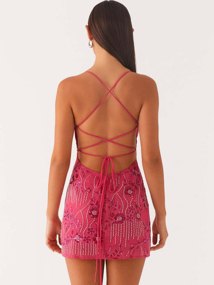 Sequin Beads Spaghetti Strap Backless Tie Sweet Mini&Short Dresses