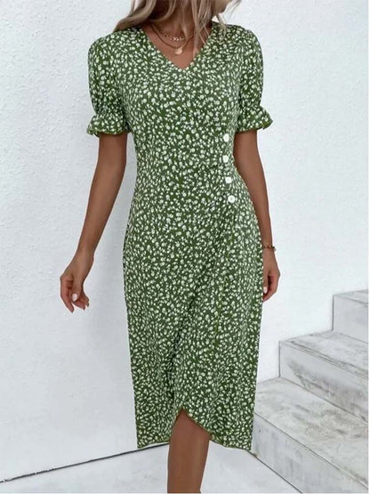 Deep V Neck Puff Sleeve Ditsy Floral Wrap Tulip Hem Midi Dress