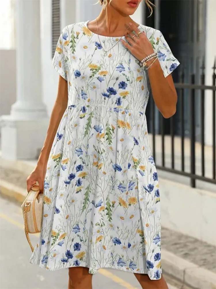 Crew Neck Short Sleeve Wildflower Print Pocket Babydoll Midi Dress