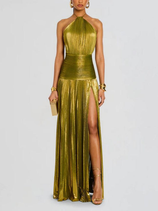 Metallic Halter Neck Style Crimp Slit Thin Strap Sleeveless Backless Cocktail Party Parties Formal Dress Long Dress