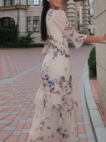 Floral Printed Ruffle Slit Temperament Maxi Dresses