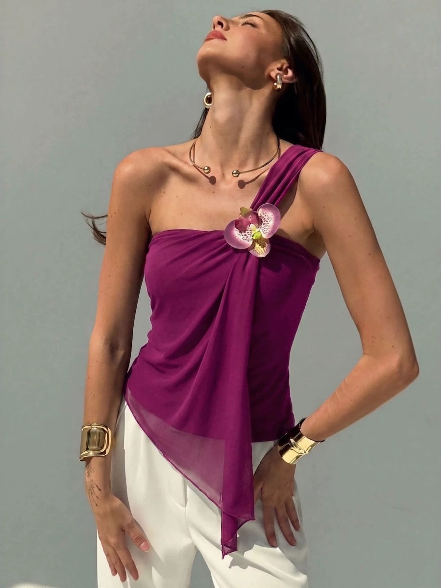 Irregular Mesh Sloping Shoulders 3D Flowers Camisoles