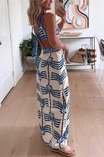 Margovil Tie Shoulder Cut Out Waist Printed Maxi Dress