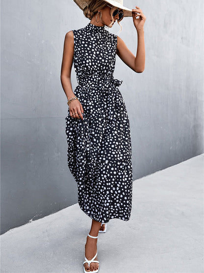 Mock Neck Tie Belt Tiered Polka Dot Sleeveless Midi Dress