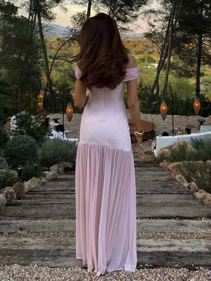 Mesh Splicing Off-shoulder Pleated Backless Maxi Dresses