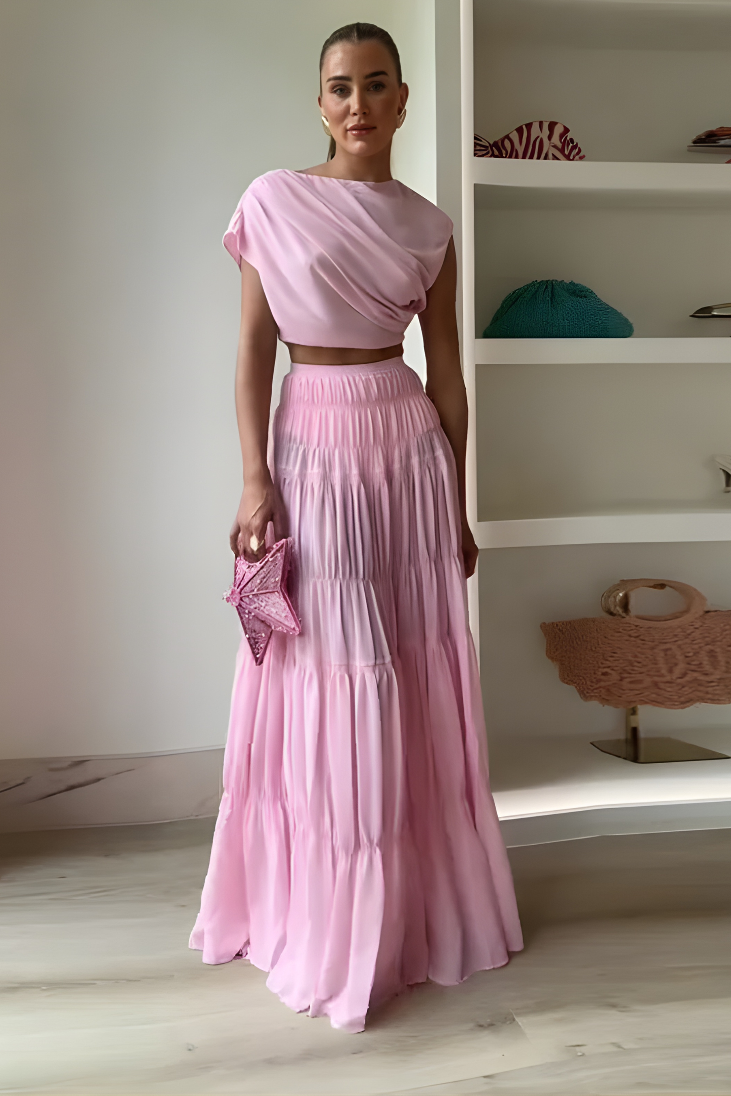 Round Neck Pleated Pink Patchwork Maxi Two-Piece Set