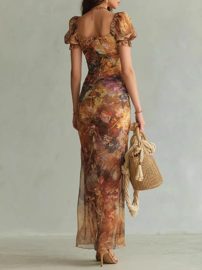 Floral V-neck Fitted Waist Ruffled Long Dress