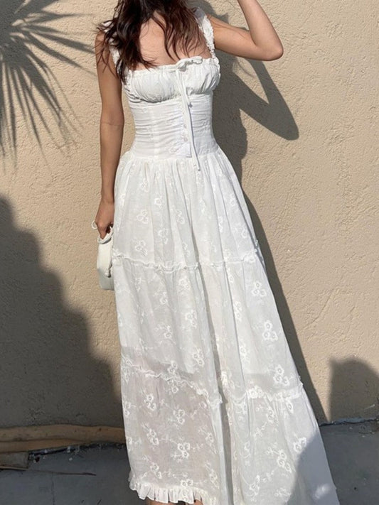 Lace Jacquard Square Neck Suspenders Sweet Tie Maxi Dresses