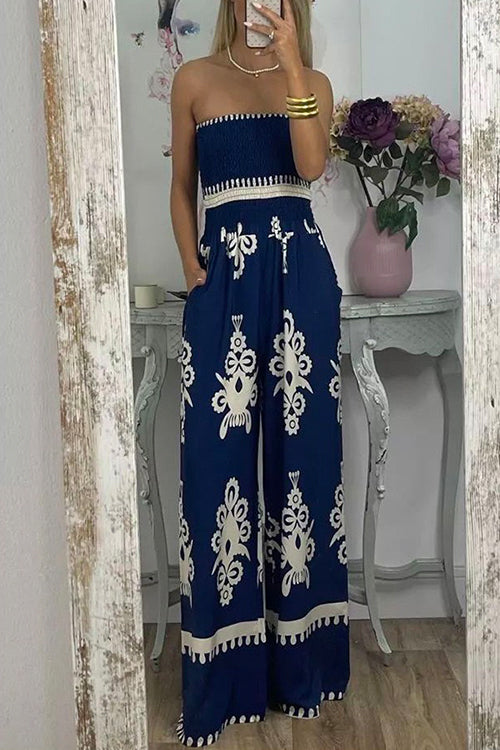 Margovil Off Shoulder Smocked High Waist Wide Leg Printed Jumpsuit