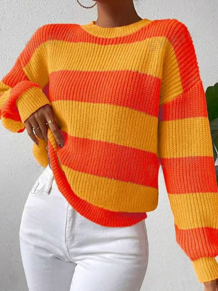Stripes Contrasting Colors Dropped Shoulder Sleeves Loose Sweaters