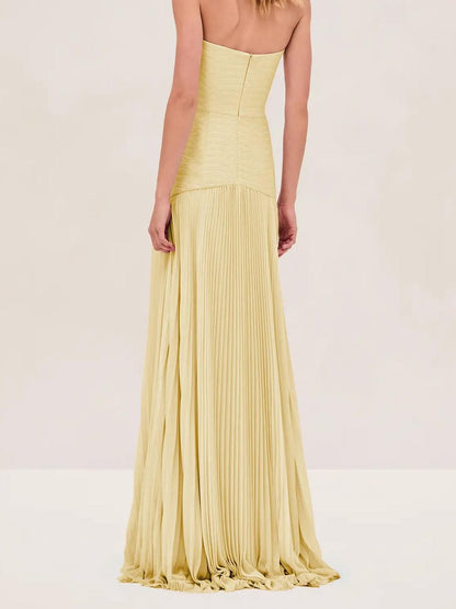 Strapless Vertical Accordion Pleated Floor Length Ball Gown Maxi Dress