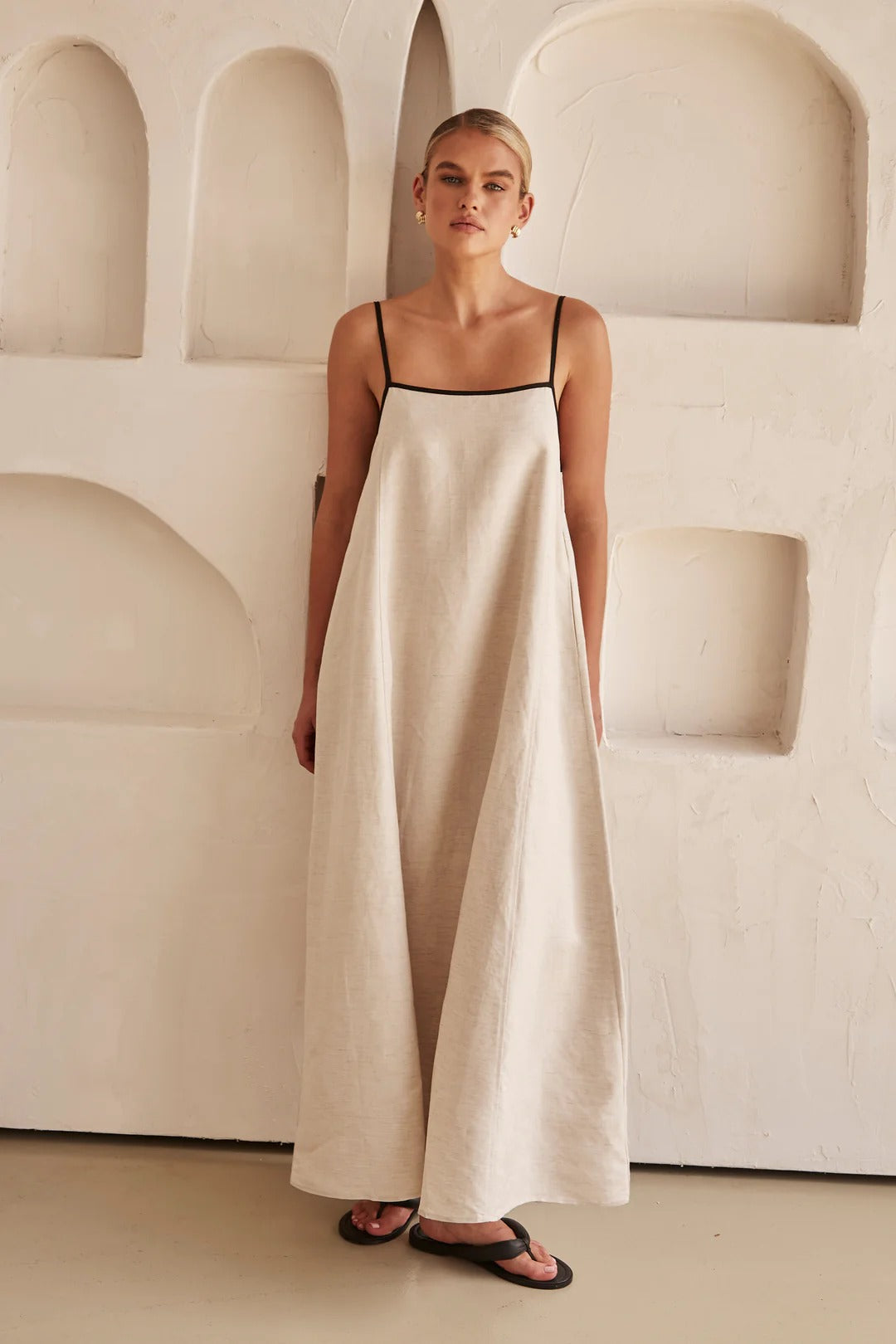 Linen Look Square Neck Spaghetti Strap Contrast Piping Relaxed Maxi Dress