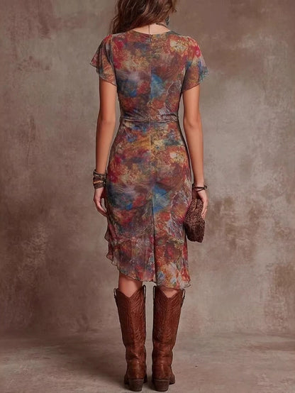 V-neck, Slit, Fitted Waist, Gathered Floral Print Midi Dresses