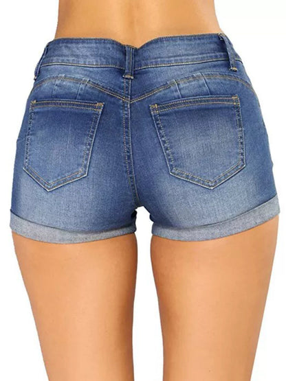 Denim Hole Flip-edge Slim-fit Shorts