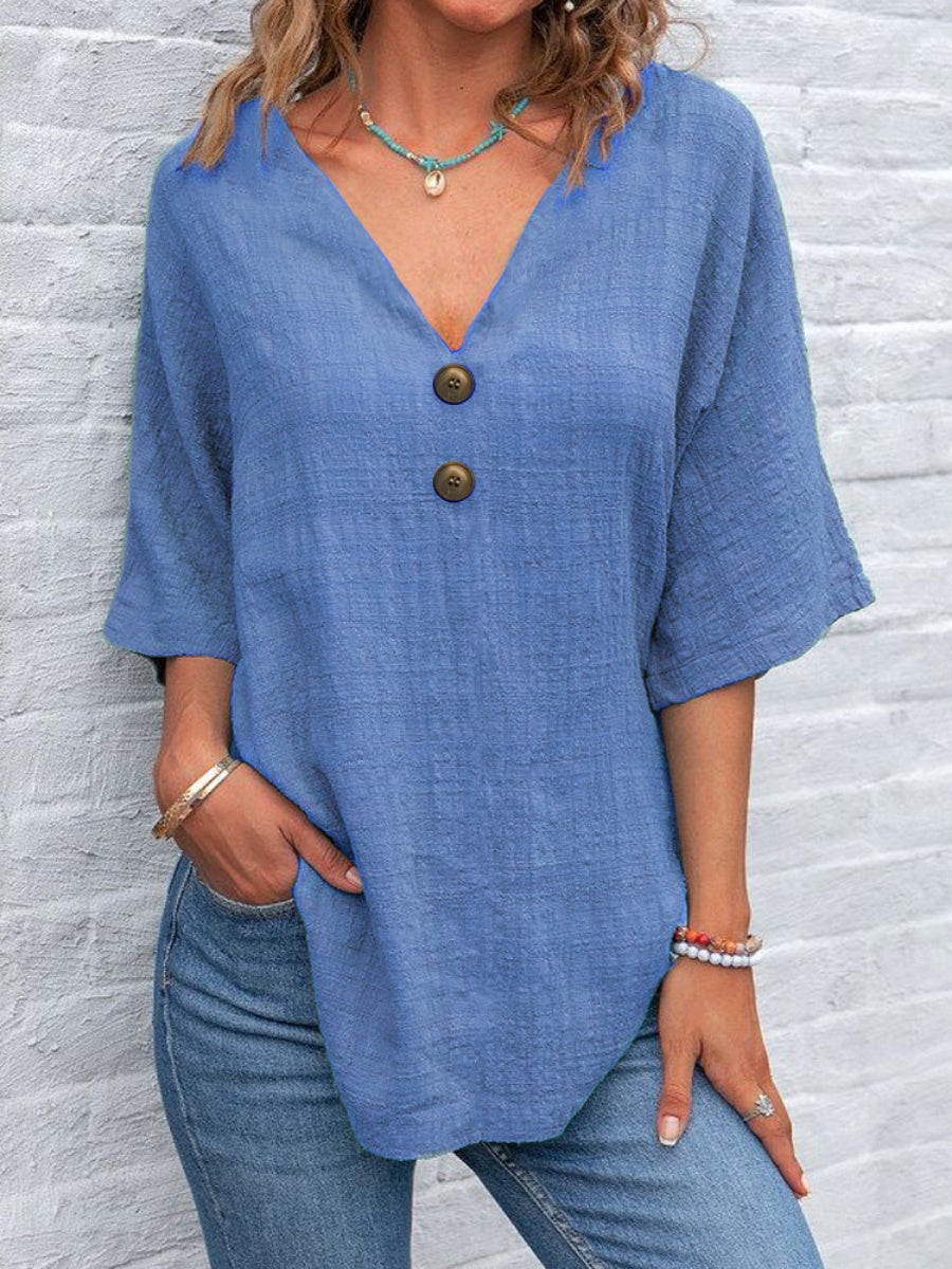 Casual V-neck Short-sleeved Pullover With Multi-colored Buttons T-shirts