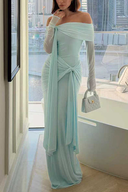 Margovil Off Shoulder Long Sleeves Knot Waist Draped Maxi Dress