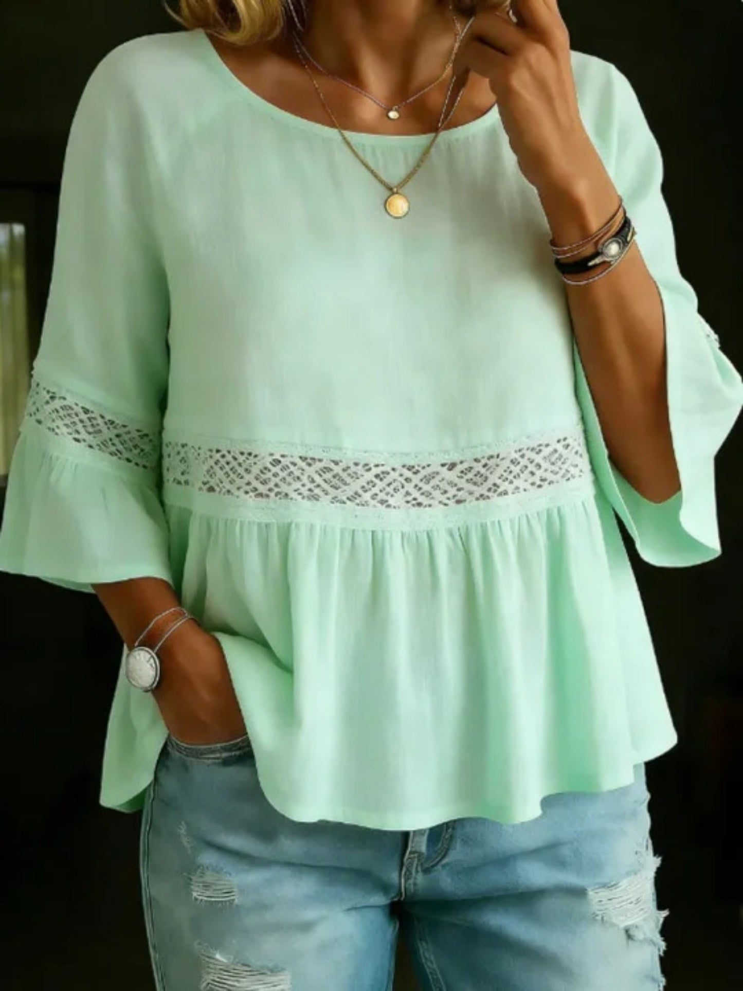 Lace Patchwork Cotton And Linen Round Neck, Three-quarter Sleeves T-shirts