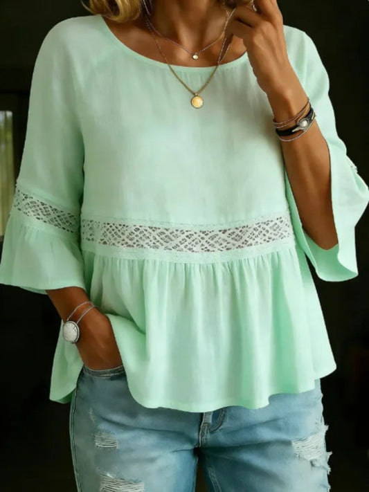 Lace Patchwork Cotton And Linen Round Neck, Three-quarter Sleeves T-shirts