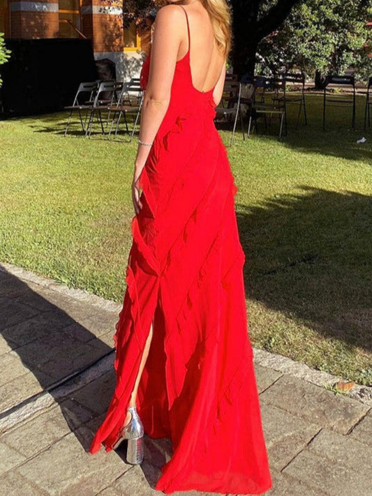 Ruffle Backless And Slit V-neck Suspenders Maxi Dresses