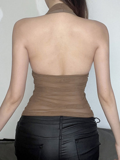 Mesh Pleats V-neck Halter Neck Backless Tank Tops