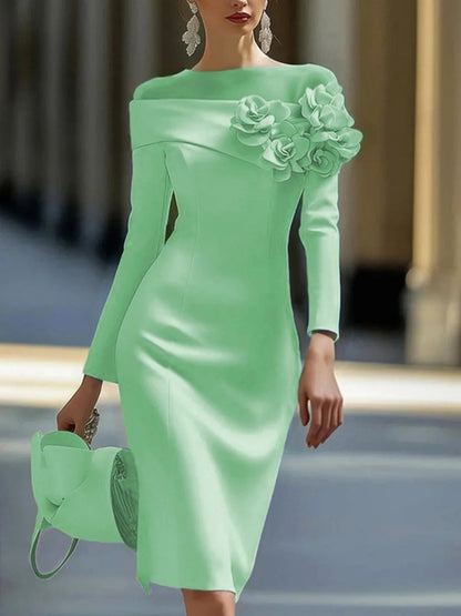 Round Neck, Solid Color, Slim Fit, Mid-length Dress With Side 3D Floral Embellishments