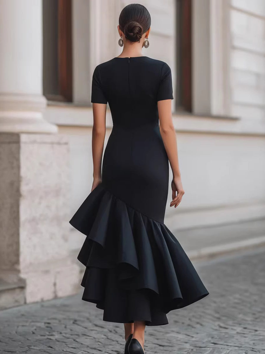 Slim-fit Temperament Grace Asymmetrical Ruffles Midi Dresses