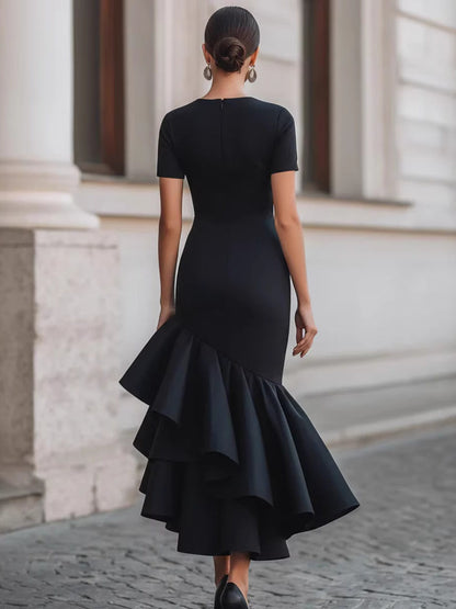 Slim-fit Temperament Grace Asymmetrical Ruffles Midi Dresses
