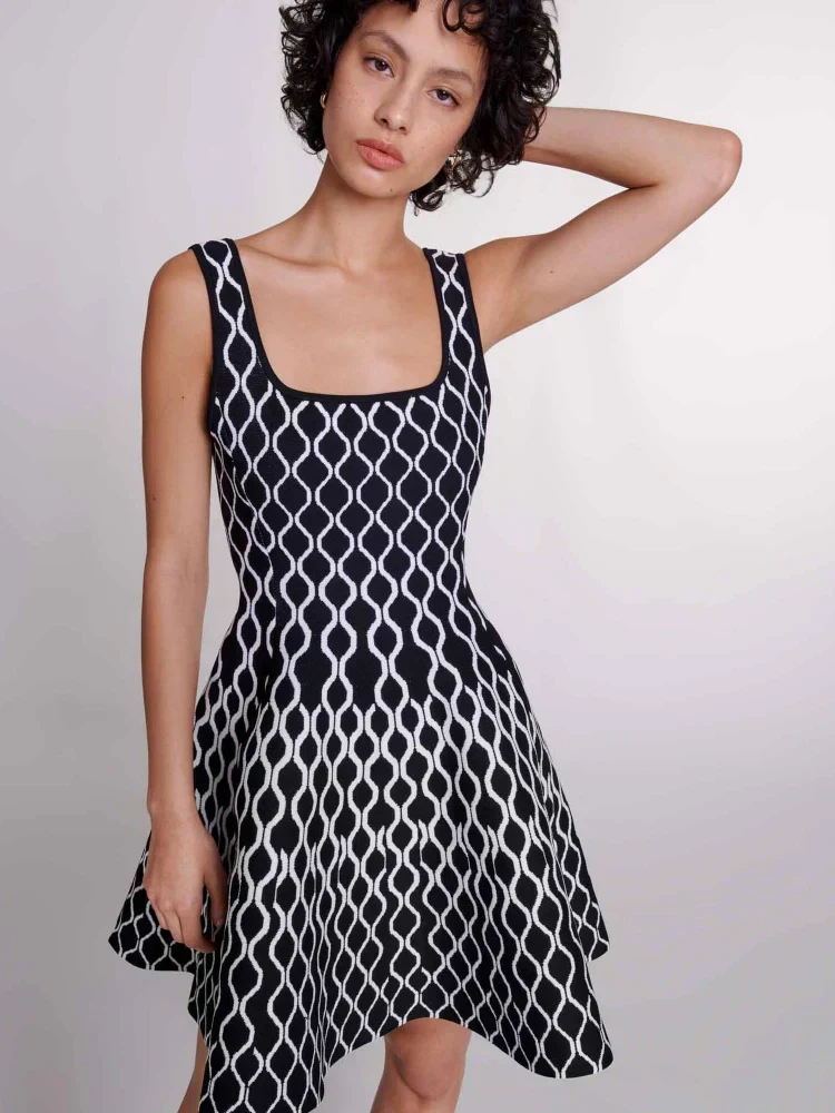 Square Neck Sleeveless Abstract Wave Print Fit and Flare Knit Mini Dress