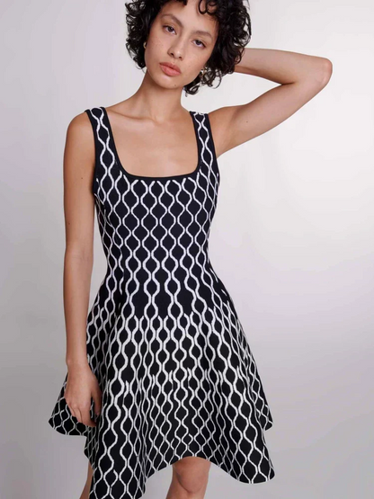 Square Neck Sleeveless Abstract Wave Print Fit and Flare Knit Mini Dress