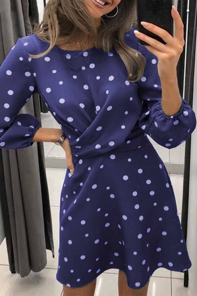 Polka Dot Round Neck Puff Sleeve Wrap Front Ruched Skater Mini Dress