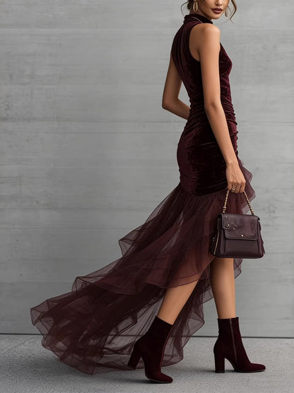 Velvet Turtleneck Sleeveless Irregular Hem Chiffon Evening Dress Maxi Dresses