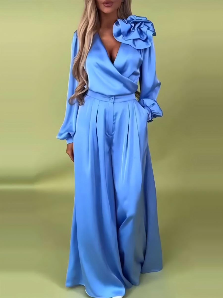 Three-dimensional Floral Decorations V-neck Satin Long-sleeved Top And Wide-leg Pants Two-piece Set