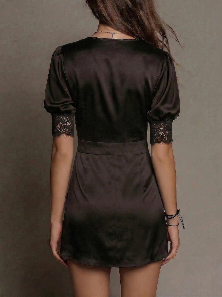 Satin Grace Puff Sleeve V-neck Commuting Mini&Short Dresses