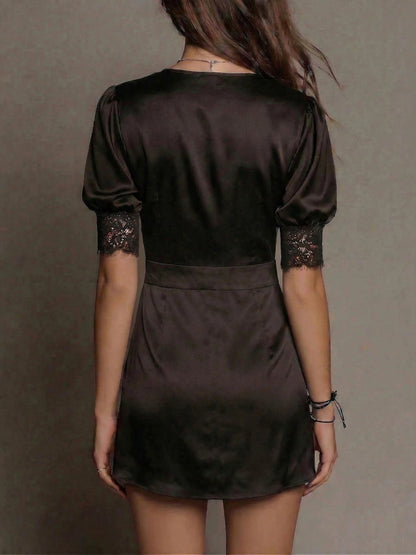 Satin Grace Puff Sleeve V-neck Commuting Mini&Short Dresses