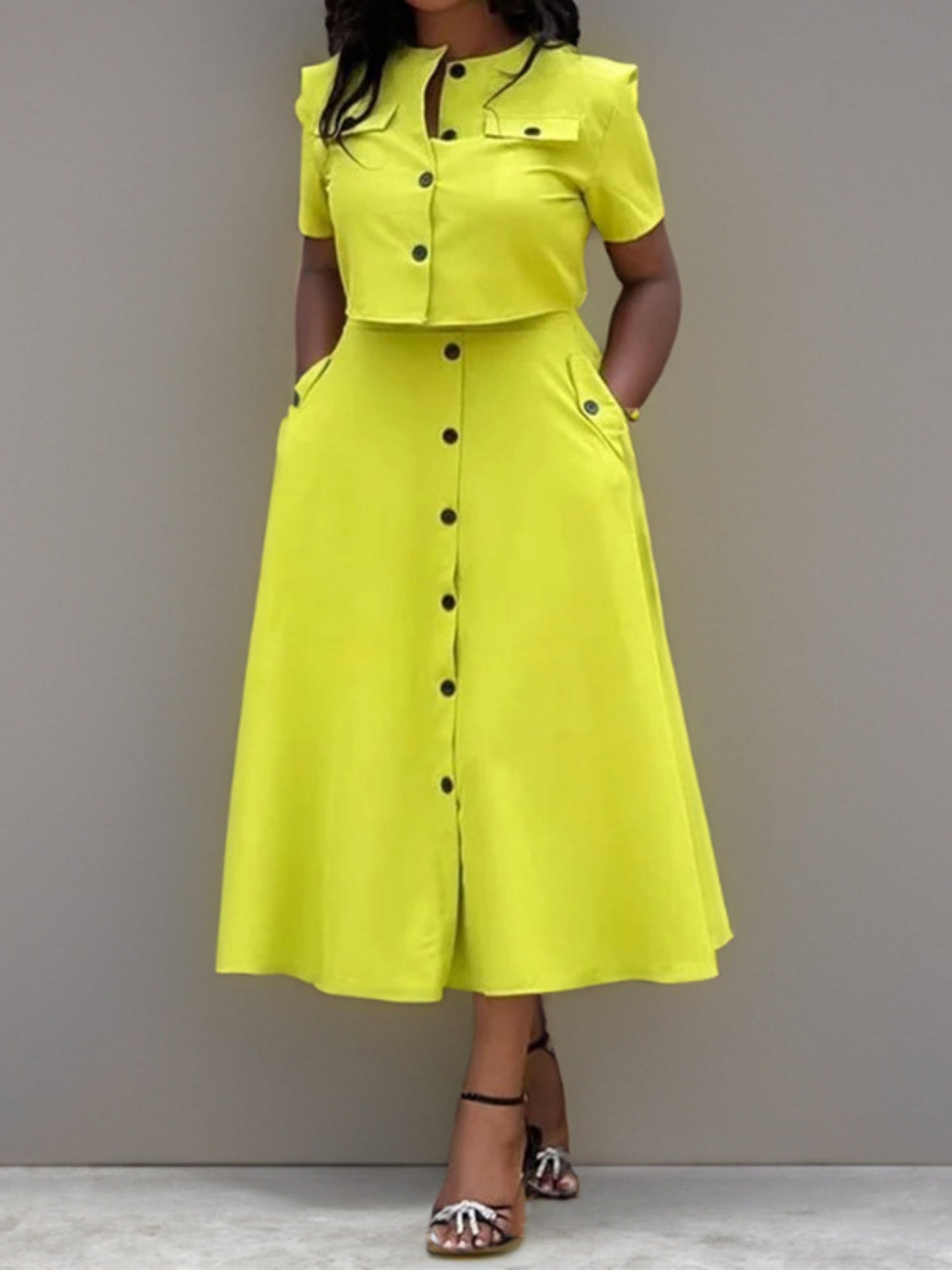 Button-down Shirt Pocket Long Skirt 2-piece Sets