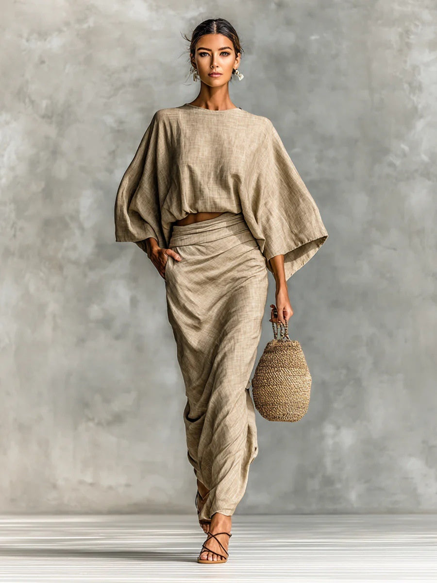 High-waisted Midi Skirt And Round Neck Three-quarter Sleeve Top Two-piece Set