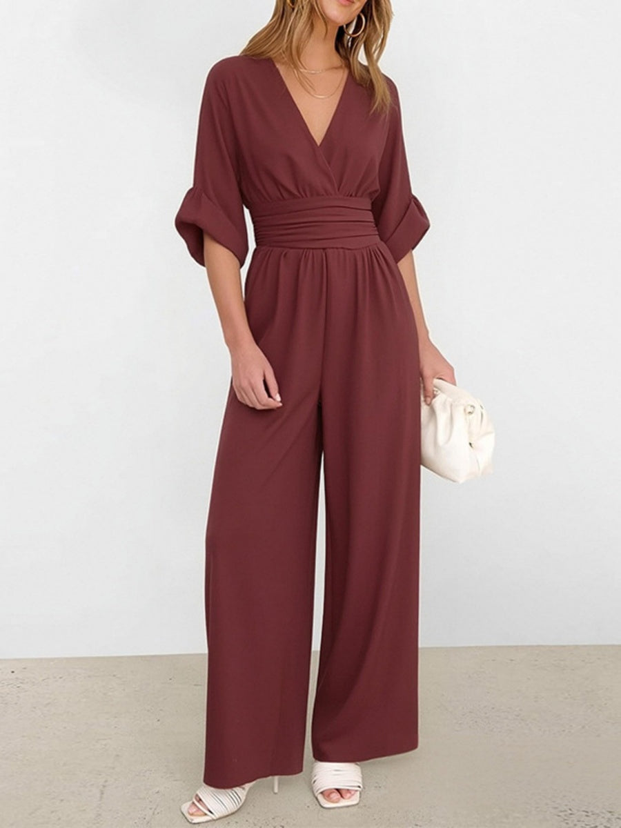 V-neck Waist Mid-length Sleeves Wide Leg Temperament Commuting Jumpsuits