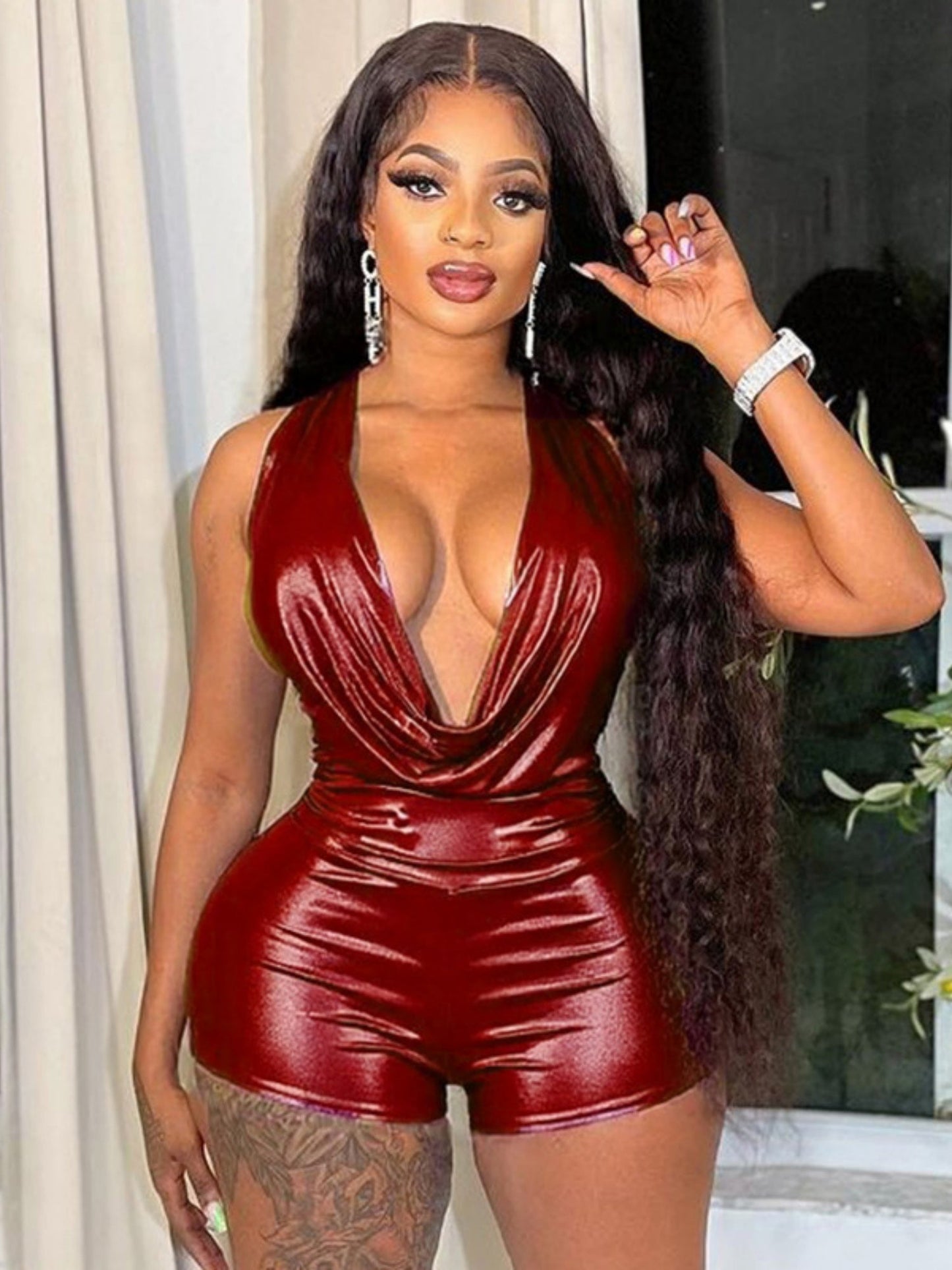 Metallic Gloss Deep V-neck Halter Neck Strap Jumpsuits