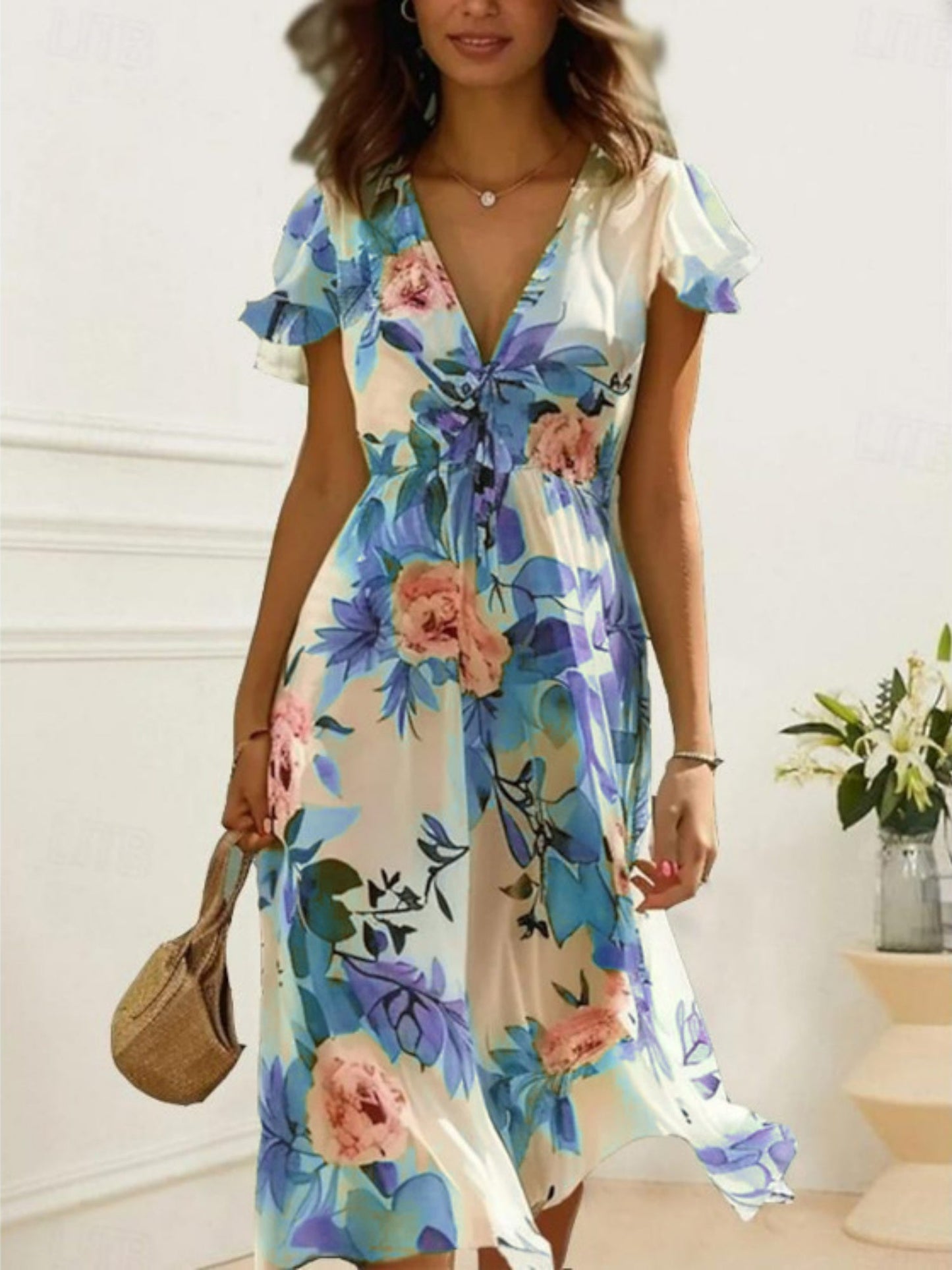 Floral Print V-neck Short Sleeve Maxi Dresses