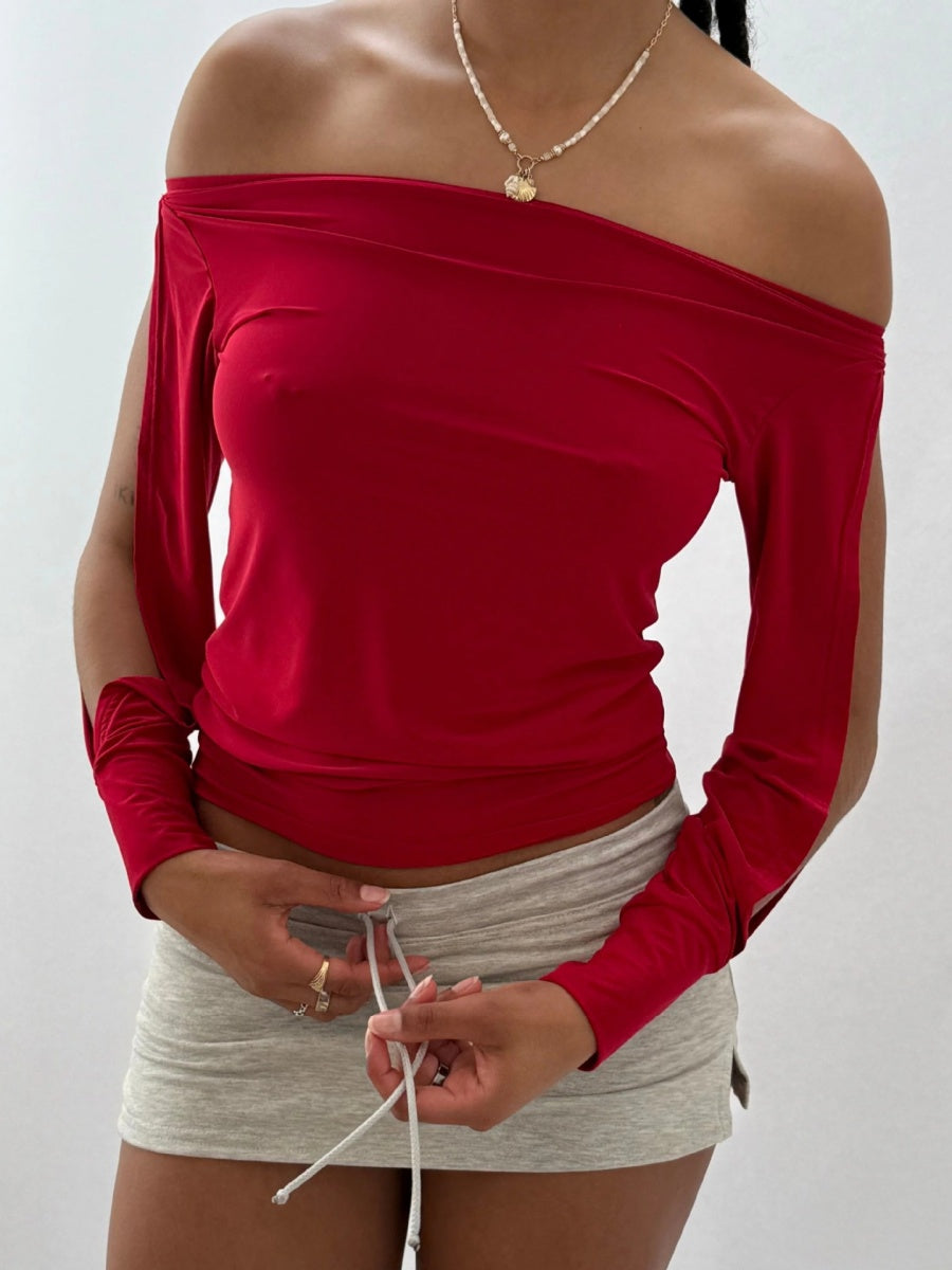 Long-sleeved Off-shoulder Pullover T-shirt