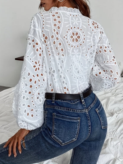 White Long-sleeved V-neck Lace Shirts