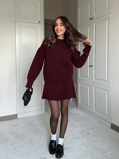 Warm Knit Pullover Mini Skirt Set
