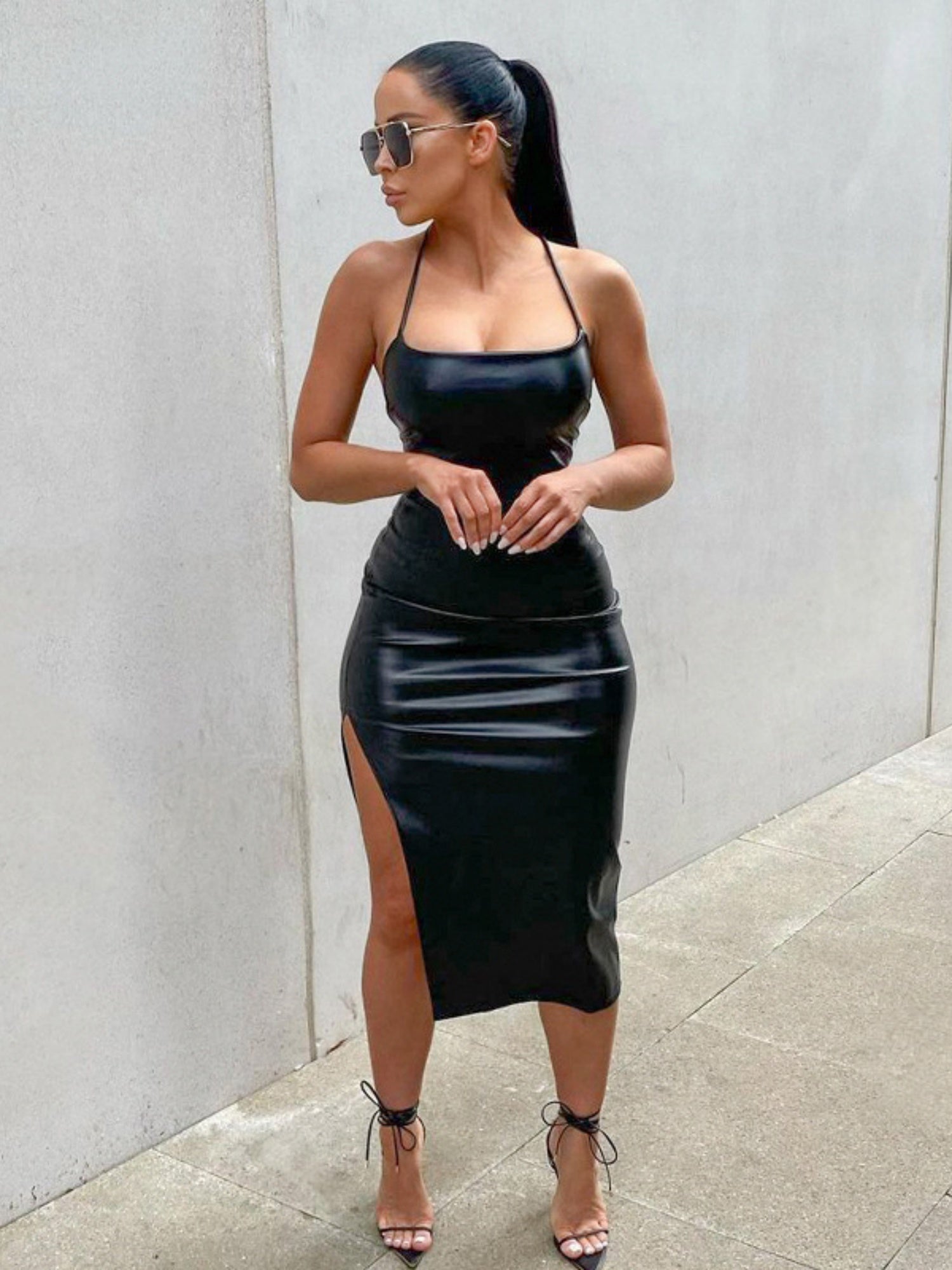 PU Leather Backless Strappy Slit Neckband Maxi Dresses
