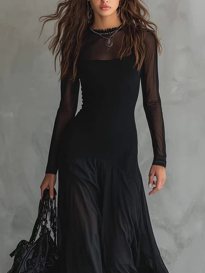 Pleated Mesh Patchwork Long Dress