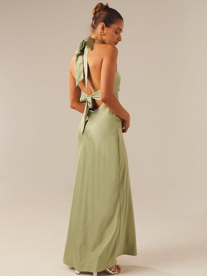 Satin V-neck Halter Neck Backless Strappy Maxi Dresses