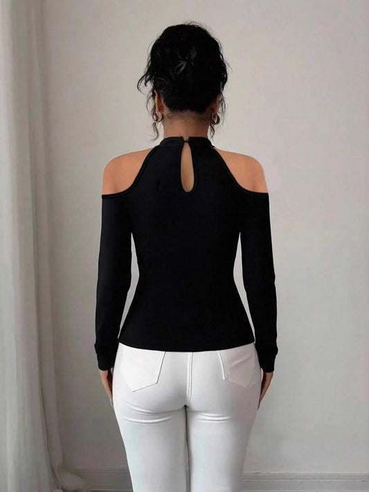 Black Halter Neck Style Off-shoulder Lace Decoration Ruffled Hem Waist Elegant Party Outfit T-shirt