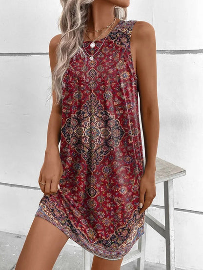 Jewel Neck Pleated Bodice Tapestry Print Sleeveless Shift Mini Dress
