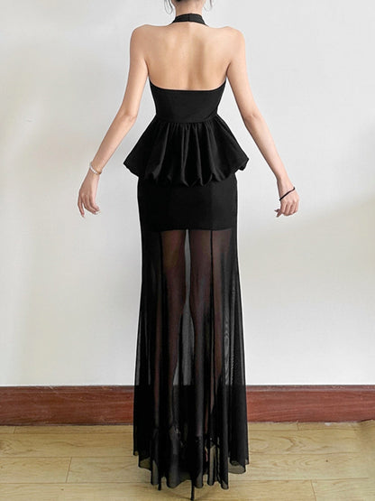 Mesh Splicing Perspective Neckband Ruffle Maxi Dresses