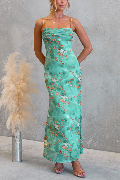 Adjustable Strap Floral Print Mesh Overlay Maxi Dress