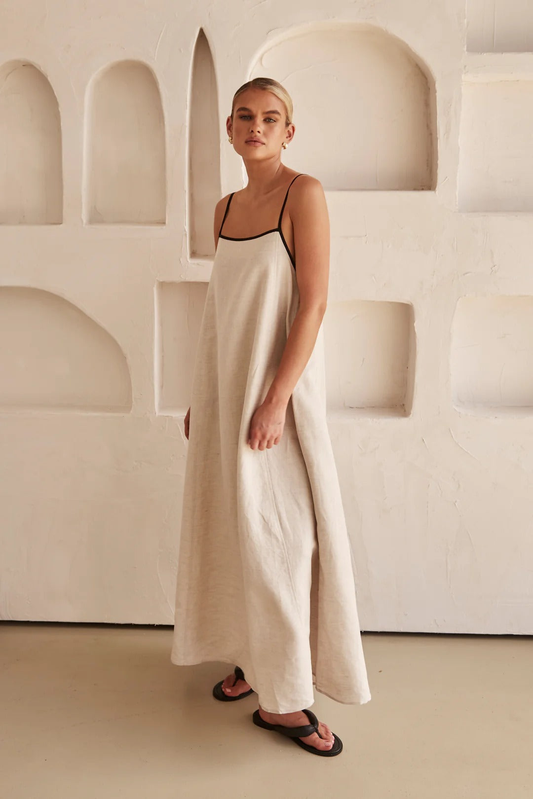 Linen Look Square Neck Spaghetti Strap Contrast Piping Relaxed Maxi Dress